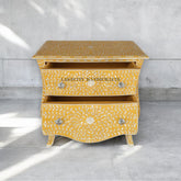 Bone Inlay Floral Design 2 Drawers Curved Legs Bedside Table Yellow